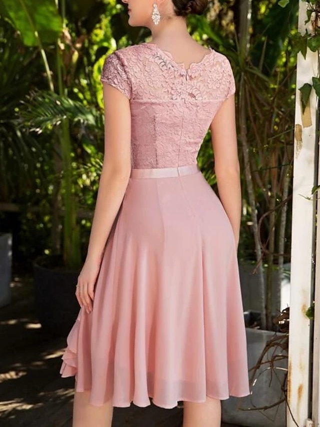 A Line Wedding Guest Dresses Elegant Dress Party Wear Wedding Party Knee Length Short Sleeve 4304