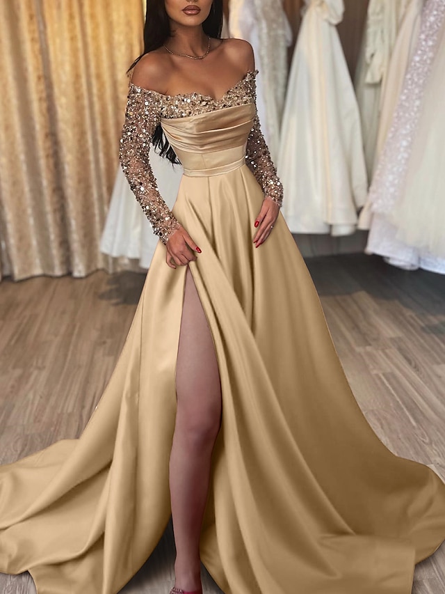  Ball Gown Evening Gown Sexy Dress Black Tie Gala Wedding Reception Sweep / Brush Train Half Sleeve Off Shoulder Satin with Sequin 2024