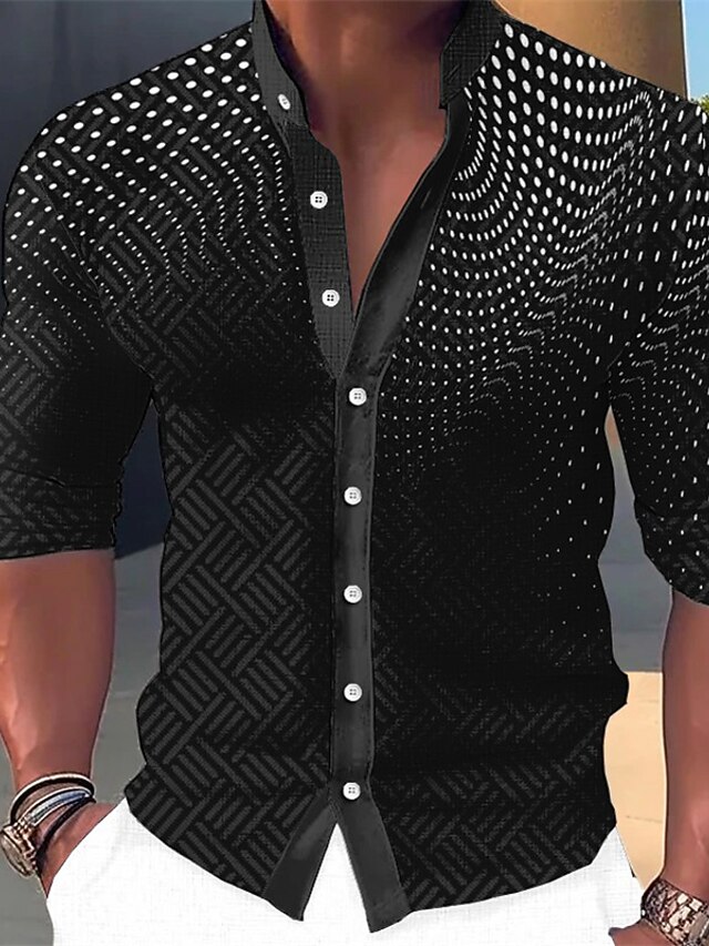 Chemise à Pois Pour Homme - Col Montant Boutonné, Manches Longues, Coupe Ajustée, Style Rétro Tendance (léger Et Lisse)