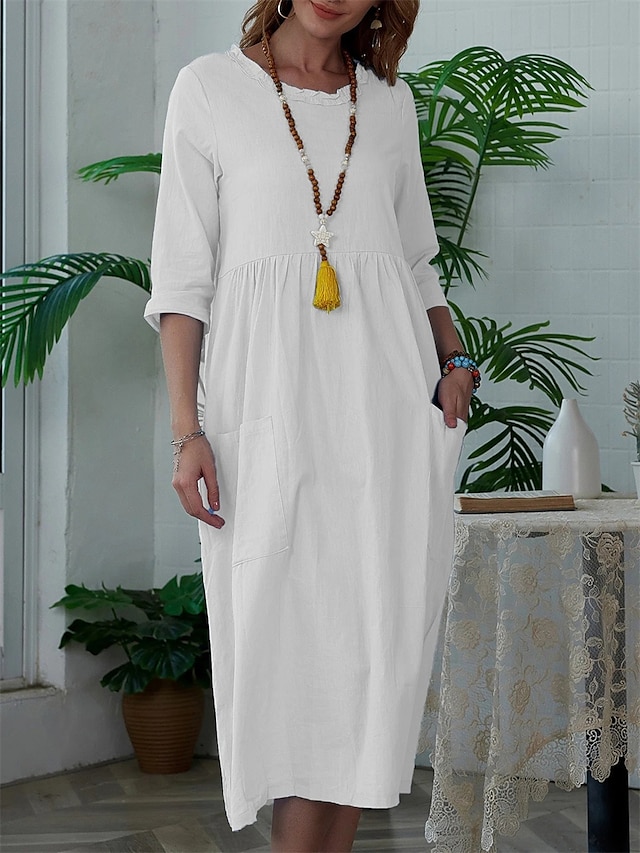 Women's Casual Dress White Dress Summer Dress Midi Dress Pocket Daily ...