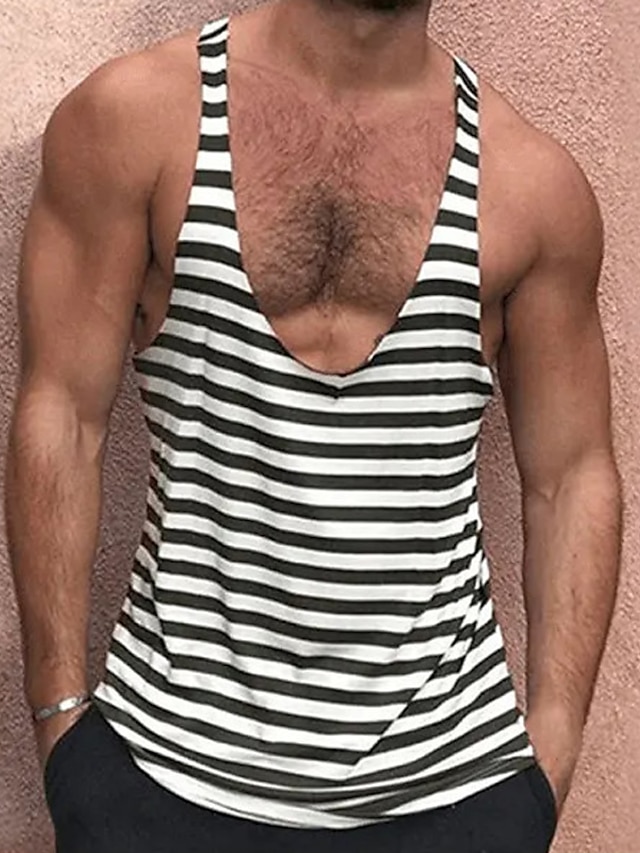  Men's Tank Top Vest Top Undershirt Sleeveless Shirt Striped Deep V Outdoor Going out Sleeveless Clothing Apparel Fashion Designer Muscle