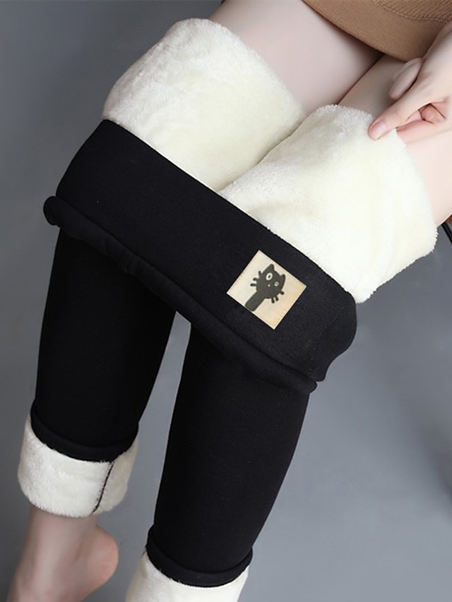 Women's Fleece Pants Tights High Cut High Waist Full Length Lamb wool leggings (kitten) Fall & Winter