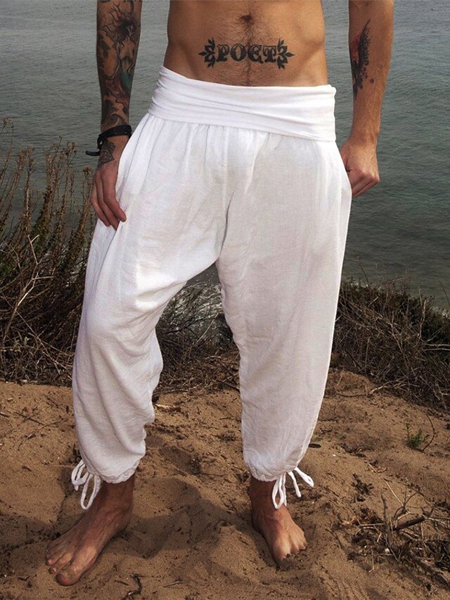 Pantalon Homme En Lin - Coupe Droite, Taille élastique, Idéal Pour L'été Et Les Vacances