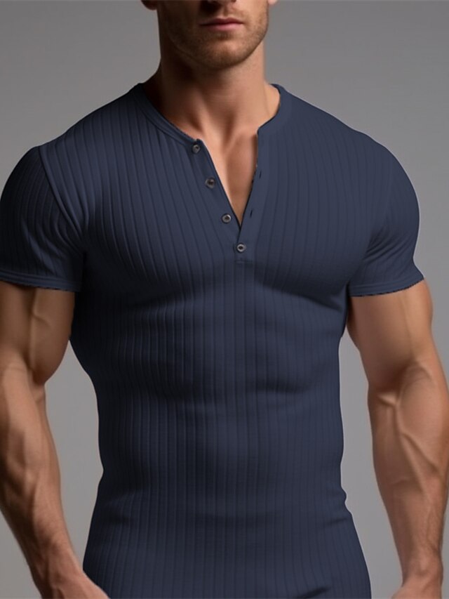 Men's T shirt Tee Henley Shirt Ribbed Knit tee Tee Top Plain Henley Street Vacation Short ...