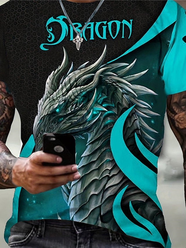  男性用 Tシャツ グラフィック 動物 ドラゴン クルーネック 衣類 3Dプリント アウトドア 日常 半袖 プリント ヴィンテージ ファッション デザイナー