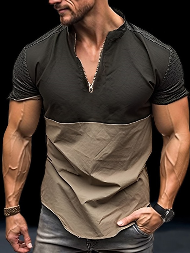  Hombre Camiseta Camiseta superior Bloque de color Cuello Mao Calle Vacaciones Mangas cortas Ropa Moda Design Básico