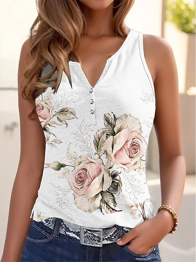 Women's Camisole Tank Top Basic Floral Buttons Print Sleeveless Regular Tops V Neck Casual Holiday Light Green Pink Fuchsia Green Light Blue 7