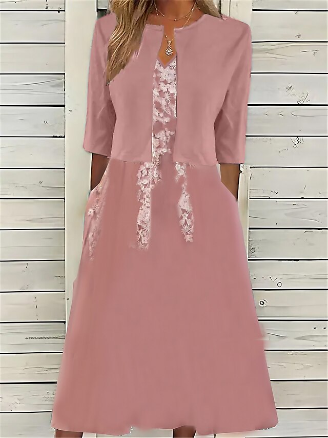  Robe casual Femme Ensemble Robe Deux Pièces Extérieur du quotidien Mode Elégant Brodée Poche Robe mi-longue Col V Manches 3/4 Floral Standard Rose Claire Eté Printemps S M L XL XXL