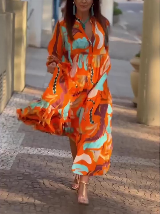  Women's Chiffon Geometric Color Block Print Split Neck Maxi long Dress Long Sleeve Summer Spring