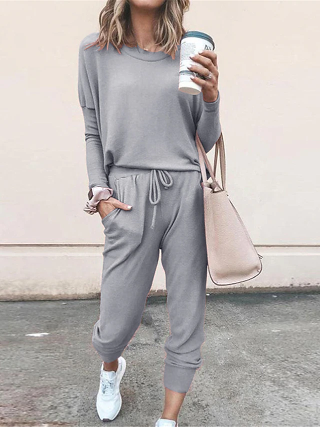 Women's Pajamas Pajama Top and Pant Sets Pure Color Fashion Casual Soft Home Daily Bed Breathable Crew Neck Long Sleeve T shirt Tee Pant Pocket Elastic Waist Summer Spring 9