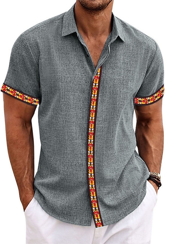 Men's Shirt Linen Shirt Graphic Prints Geometry Turndown Black White ...