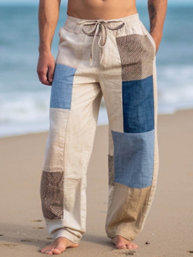  Męskie Spodnie Letnie spodnie Spodnie plażowe Kieszeń Ściągana na sznurek Elastyczny pas Kolorowy blok Niejednolita całość Komfort Oddychający Na zewnątrz Codzienny Wyjściowe Moda Codzienny