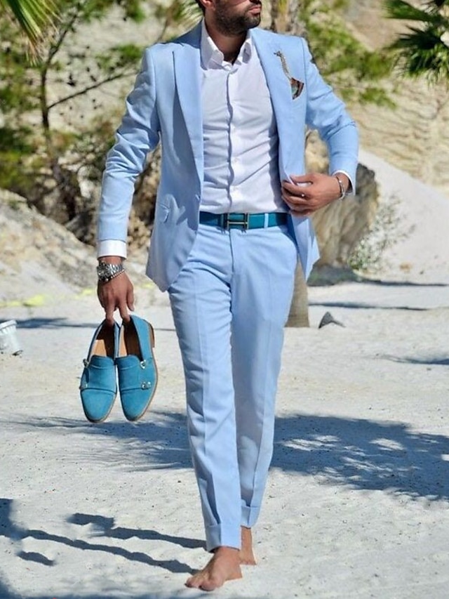 Sky Blue Men's Linen Suits Summer Beach Wedding Suits 2 Piece Solid ...