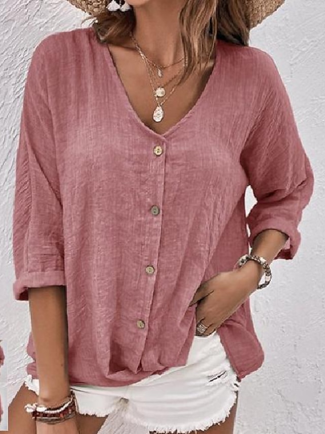  Women's Shirt Cotton Linen Casual Daily Button Peach Long Sleeve Solid Basic V Neck Summer Spring