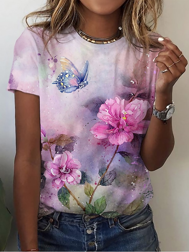  Pentru femei Tricou Floral Imprimeu Concediu Sfârșit de săptămână De Bază Manșon scurt Rotund Imprimare personalizată