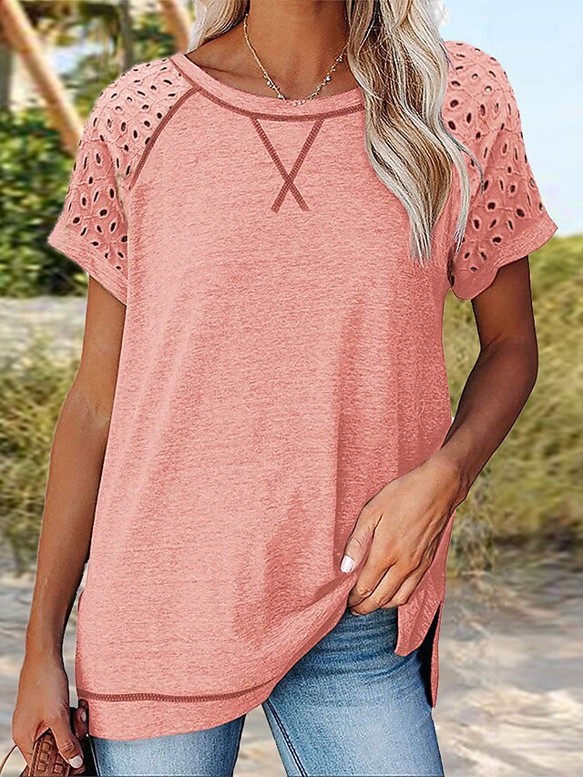 Women's T shirt Tee Black White Pink Plain Cut Out Short Sleeve Daily