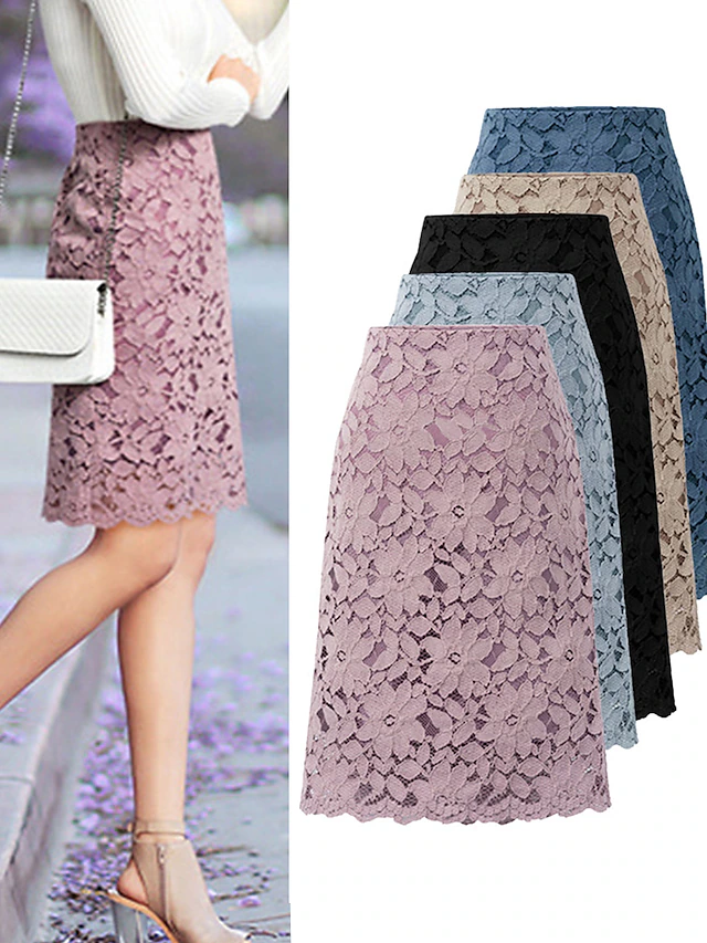Women's Skirt Bodycon Work Skirts Above Knee High Waist Skirts Lace Solid Colored Office / Career Street Summer Elegant Fashion Business Black Light Purple Light Blue 9