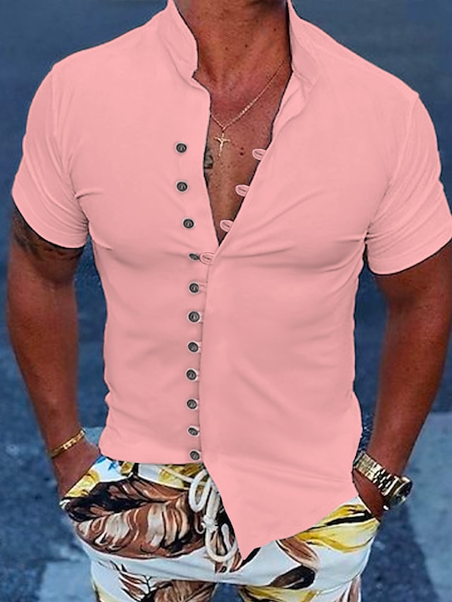  Men's Shirt Button Up Shirt Casual Shirt Summer Shirt Beach Shirt Black White Pink Blue Orange Short Sleeve Plain Stand Collar Daily Vacation Clothing Apparel Fashion Casual Comfortable