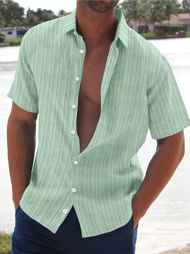  Homens Camisa Social camisa de botão Camisa casual camisa de verão camisa de praia Preto Branco Azul Verde Escuro Marron Manga Curta Riscas Lapela Diário Férias Roupa Moda Casual Confortável