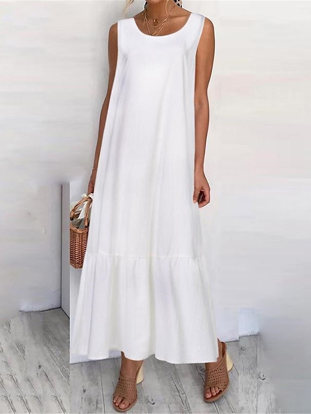  Γυναικεία Αμάνικο φόρεμα Κλιμακωτό φόρεμα Μακρύ φόρεμα Βαμβακερά λευκά είδη Βολάν στρίφωμα Μονόχρωμο Βασικό Διακοπές Στρογγυλή Ψηλή Λαιμόκοψη Αμάνικο Καλοκαίρι Μαύρο Λευκό