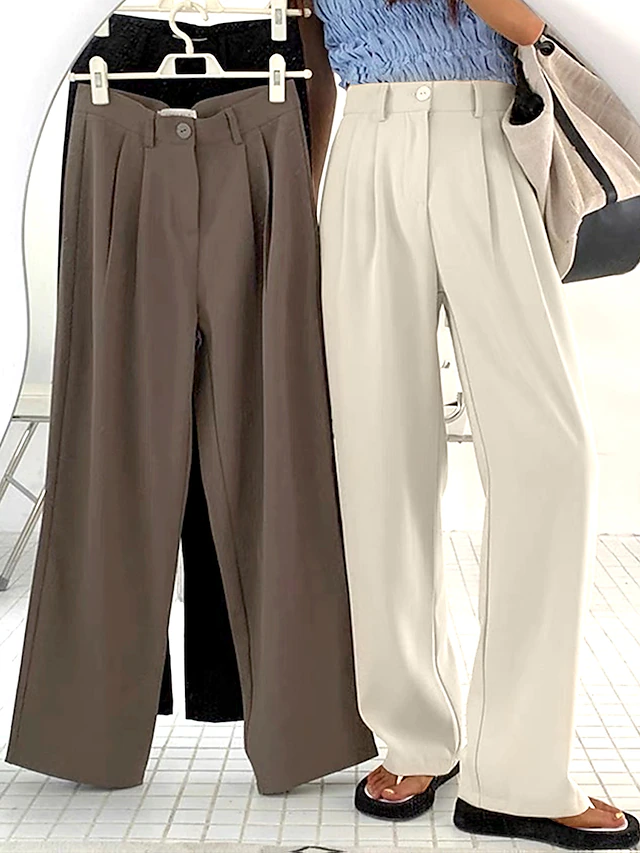 Women's Dress Work Pants Wide Leg Pants Trousers Full Length Pocket Baggy Micro-elastic High Waist Fashion Streetwear Daily Black White S M Summer Fall 7