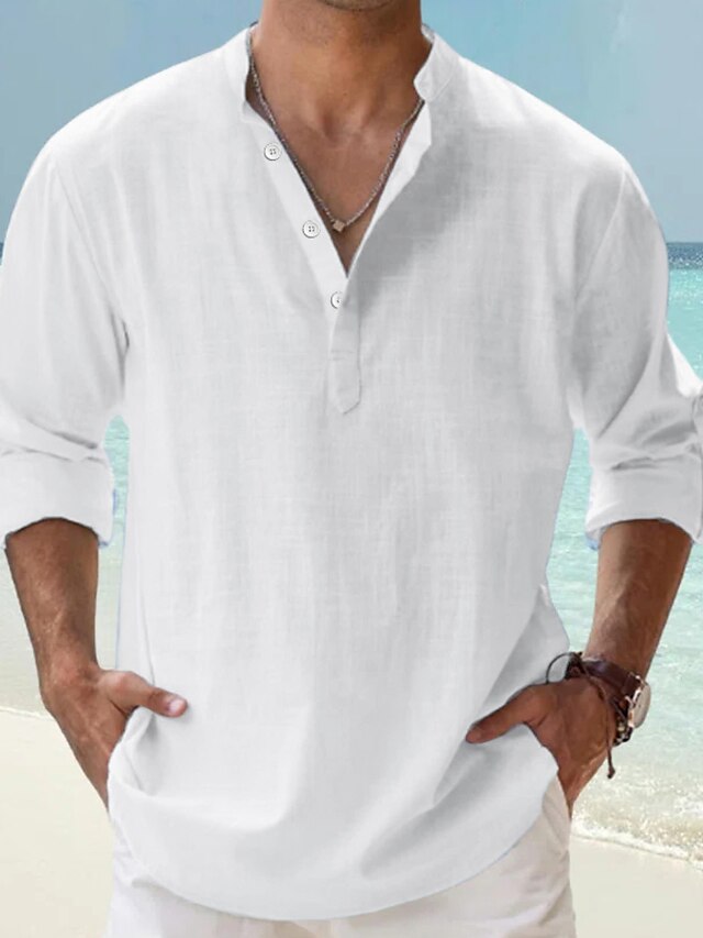 Men's Linen Shirt Popover Shirt Casual Shirt Beach Shirt Black White ...