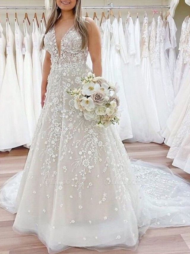 Beach Formal Wedding Dresses A Line V Neck Sleeveless Court Train Lace   Bfurtx1688696490695 