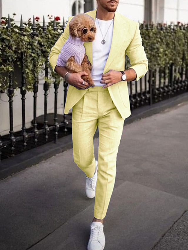  חליפות פשתן חתונת חוף גברים נרקיסים 2 חלקים בצבע אחיד בהתאמה אישית עם כפתור אחד 2024