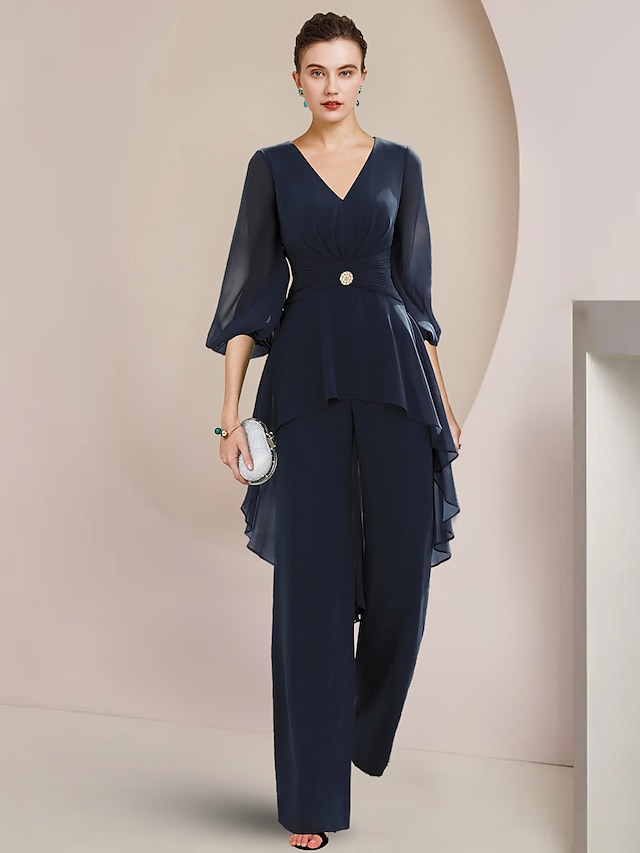  Two Piece Jumpsuit / Pantsuit Mother of the Bride Dress Formal Wedding Guest Elegant High Low V Neck Floor Length Chiffon 3/4 Length Sleeve with Ruched Crystal Brooch 2024