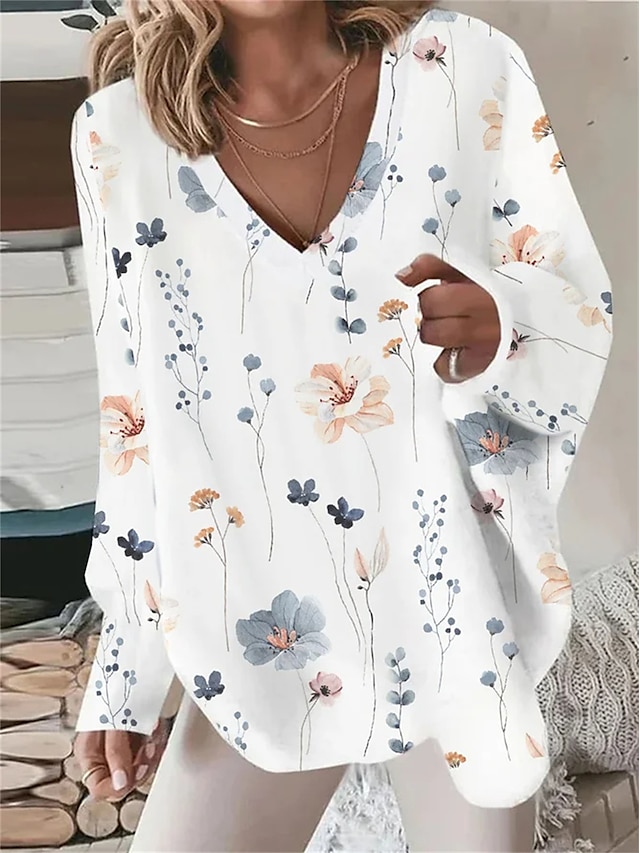  Women's Oversized Sweatshirt Pullover Floral Casual Holiday White Active Vintage Streetwear V Neck Long Sleeve Top Micro-elastic Fall & Winter