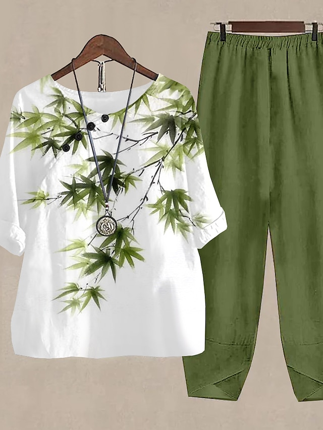  Mujer Camisa Conjuntos de pantalones Floral Festivos Fin de semana Estampado Verde Ejército Media Manga Básico Escote Redondo Otoño invierno