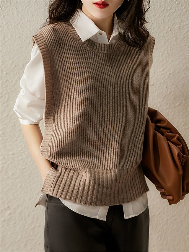 Women's Sweater Vest Crew Neck Ribbed Knit Cotton Button Oversized