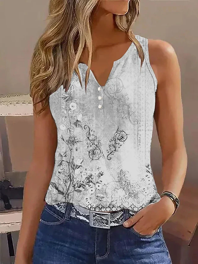 Women's Camisole Tank Top Stylish Casual Floral Buttons Print Sleeveless Regular Tops Notched Neck Casual Daily Holiday White Blue Green Gray Summer 9