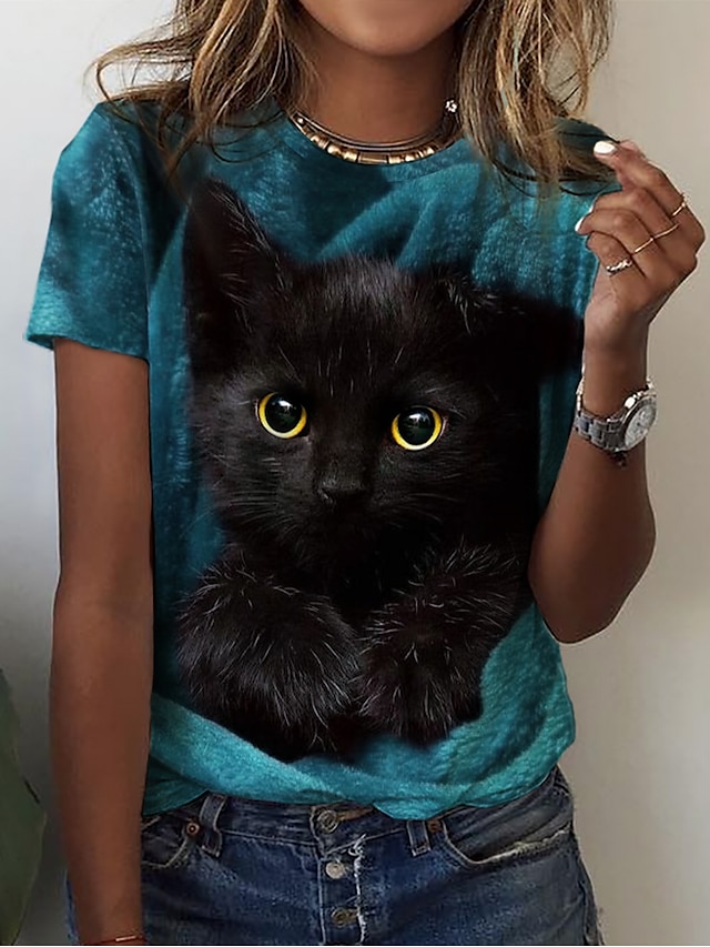  Dame T skjorte Katt 3D Daglig Helg Trykt mønster Tilpasset utskrift Kortermet Grunnleggende Rund hals