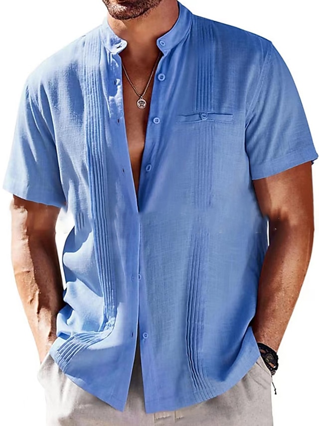  Herre linned skjorte Skjorte i bomuldshør Button Up skjorte Sommer skjorte Strandtrøje Sort Hvid Blå Kortærmet Vanlig Høj krave Forår sommer Hawaiiansk Ferie Tøj Basale