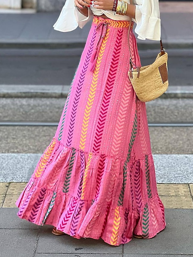  Jupe femme balançoire jupe longue maxi rose jupes volants imprimé printemps& été taille haute mode décontracté vacances quotidiennes s m l