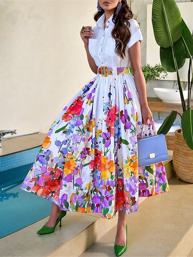  Women's Shirt Dress Casual Dress Swing Dress Maxi long Dress Outdoor Daily Date Fashion Modern Shirt Collar Button Print Short Sleeve Summer Spring Loose Fit Floral