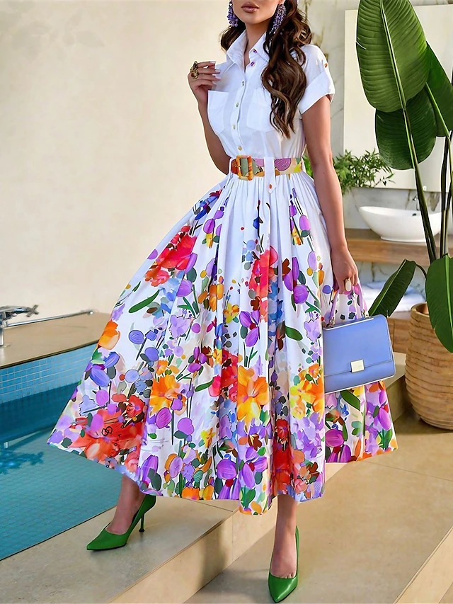 Women's Shirt Dress Casual Dress Swing Dress Maxi long Dress Outdoor Daily Date Fashion Modern Shirt Collar Button Print Short Sleeve Summer Spring Loose Fit Floral4