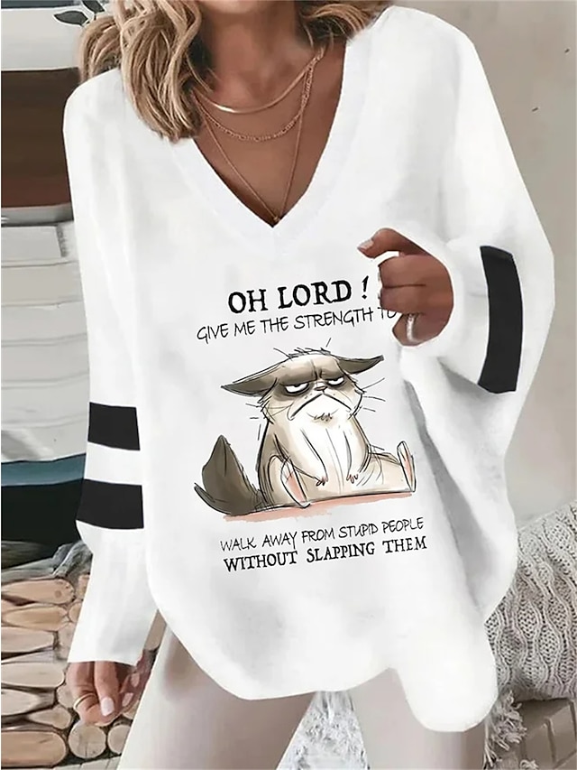  Women's T shirt Tee Cat Letter Daily Weekend Print White Long Sleeve Daily Basic V Neck Fall & Winter