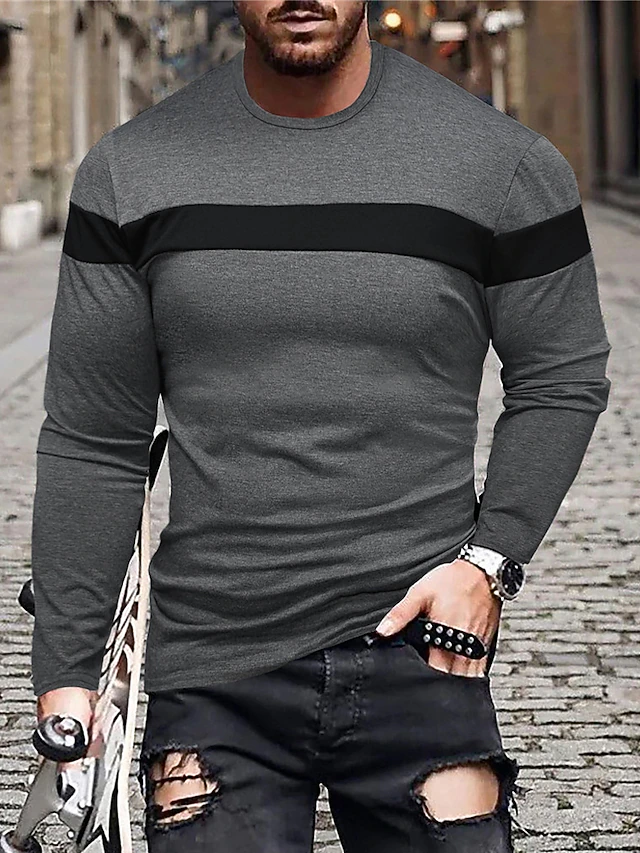 Men's T Shirt Tee Top Long Sleeve Crew Neck Summer Color Block Fashion Designer Basic Patchwork Vacation Street Going out Red black Black Red Top Tee for Men 14