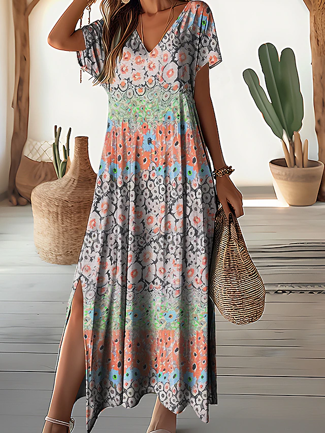 Women's Maxi Dress Floral Ditsy Floral Split Print V Neck Daily Vacation Short Sleeve Summer Spring 7
