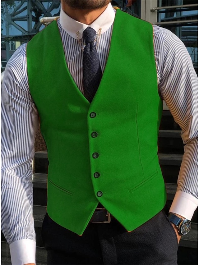  Men's Tweed Casual Business Vests Lightweight Waistcoat Solid Color Tailored Fit V Neck Single Breasted Five-buttons Silver White Yellow 2024