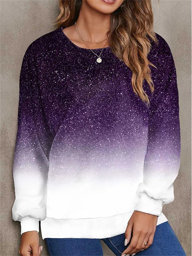  Women's Sweatshirt Pullover Color Block Basic Purple Street Casual Round Neck Long Sleeve Top Micro-elastic Fall & Winter