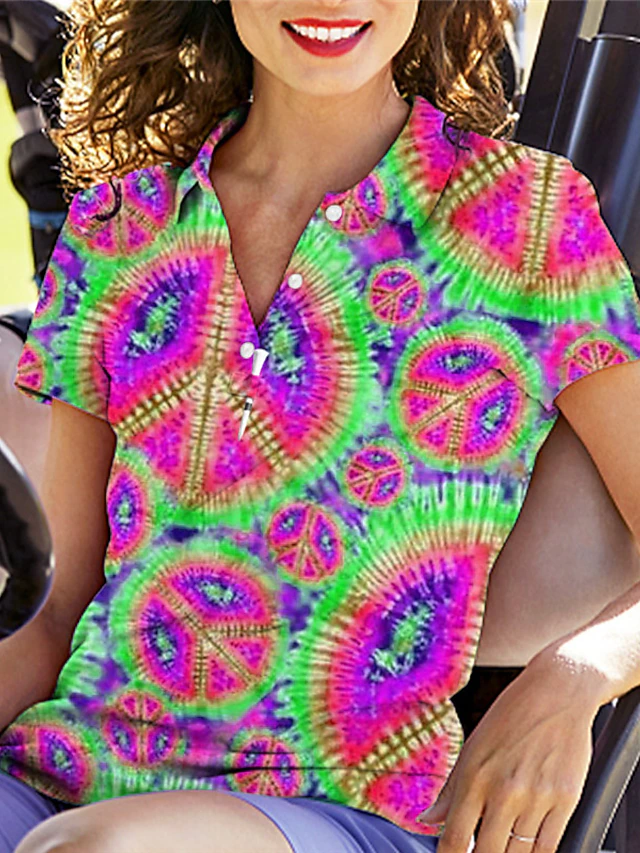 Women's Golf Polo Shirt Tie Dye Pink Short Sleeve Sun Protection UPF50 Top for Ladies Golf Attire 14