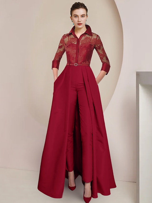  Jumpsuit / Pantsuit Mother of the Bride Dress Formal Wedding Guest Elegant Party Shirt Collar Ankle Length Satin Lace 3/4 Length Sleeve with Pleats 2024