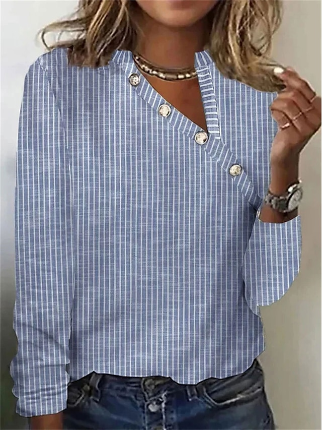  Dames T-shirt Gestreept Elegant Modieus Dagelijks Lange mouw V-hals Normale tops Dagelijks Weekend Afdrukken Zwart Blozend Roze blauw Oranje Groen Herfst winter
