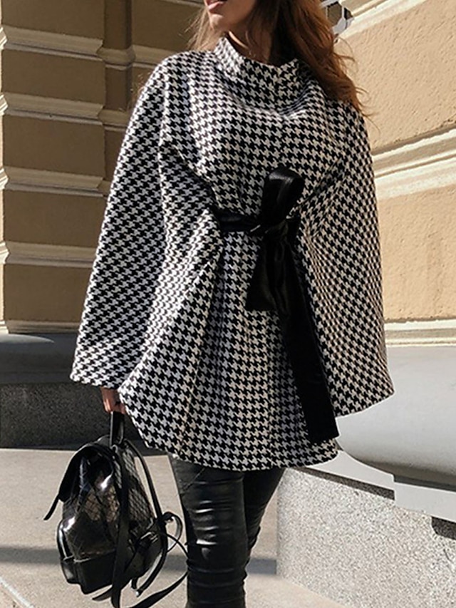  Women's Coat Cloak / Capes Winter Houndstooth Overcoat Fall Long Pea Coat with Belt Elegant Stand Collar Street Daily Wear Fashion Daily Casual Outerwear Long Sleeve Black