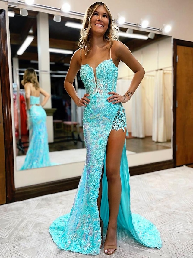  Mermaid / Trumpet Prom Dresses High Split Dress Formal Wedding Party Court Train Sleeveless V Neck Sequined with Slit Appliques 2024
