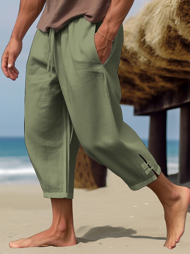 Men's Linen Pants Summer Pants Beach Pants Capri Pants Drawstring ...