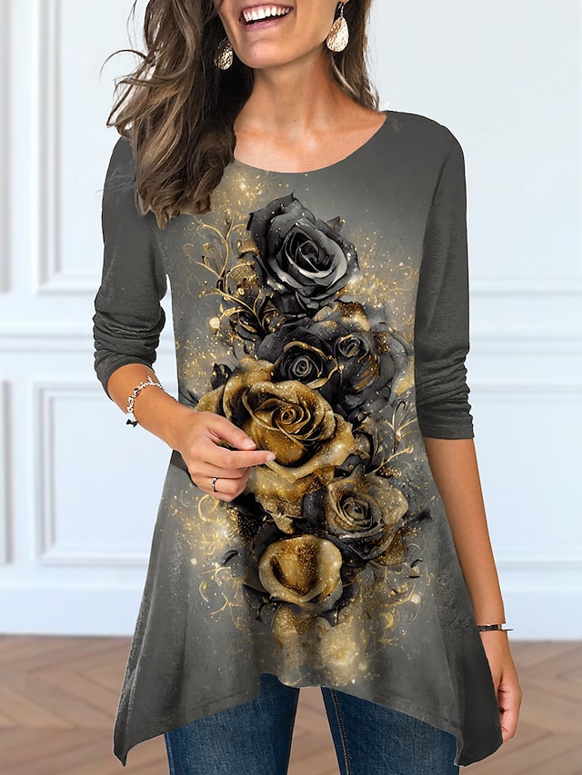  Women's T shirt Tee Floral Print Flowing tunic Holiday Weekend Daily Basic Long Sleeve Round Neck Gray Fall & Winter